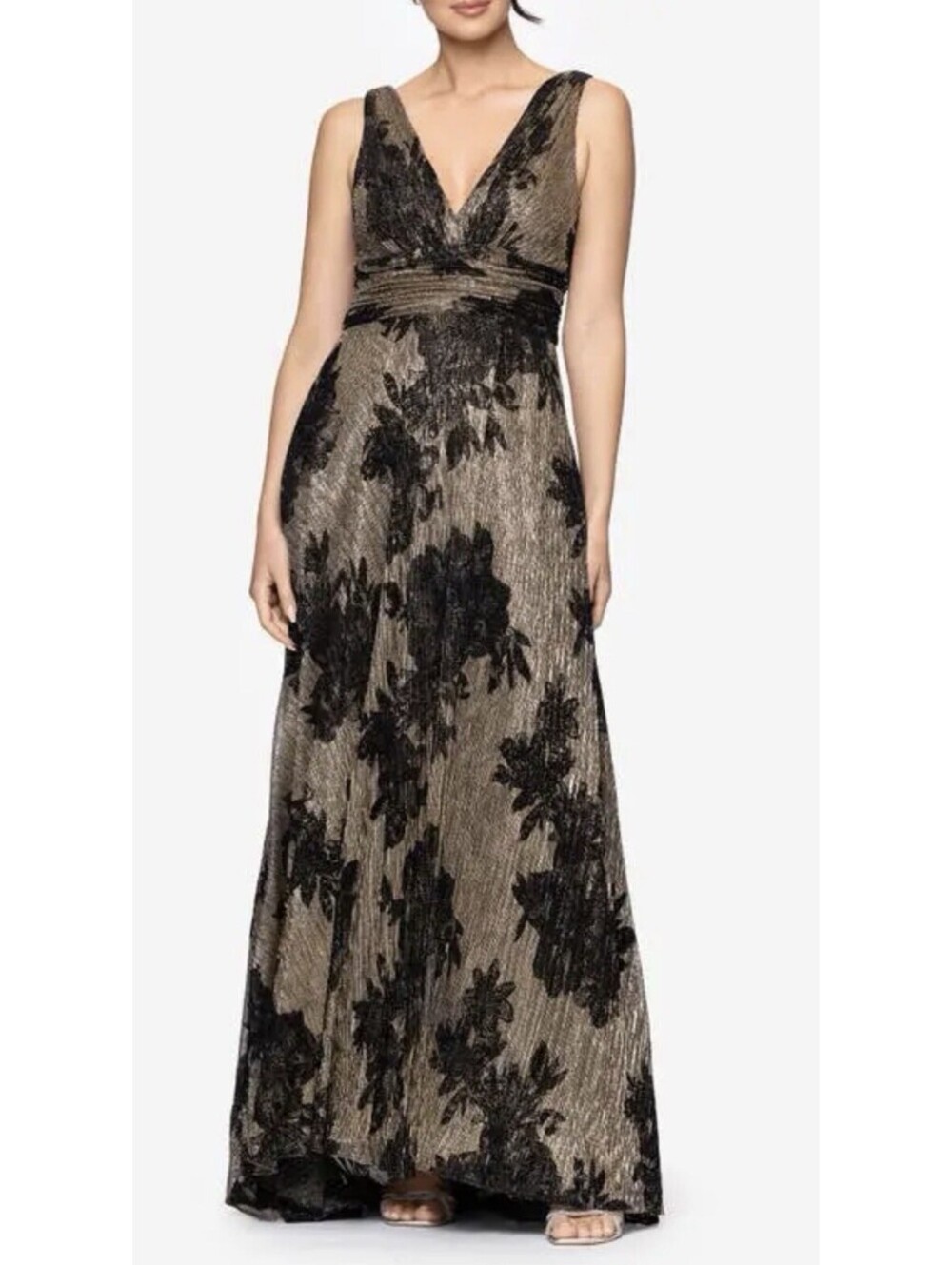 New Betsy & Adam Flock Floral Metallic Crinkle Gown Size 4 $309